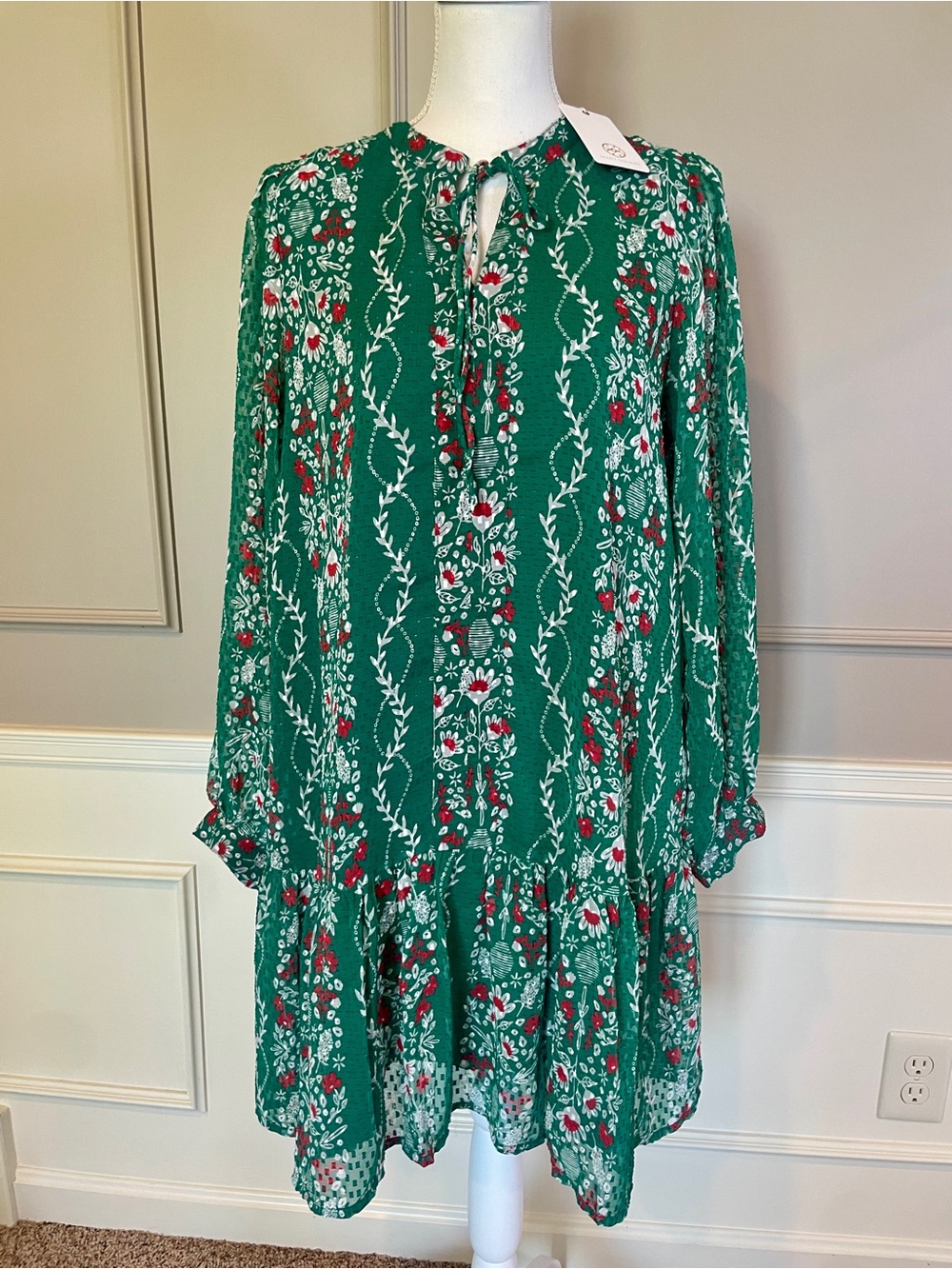 New Mary Square Natasha Dress Large Ivy Lane Green Drop Waist Ruffle Hem Green